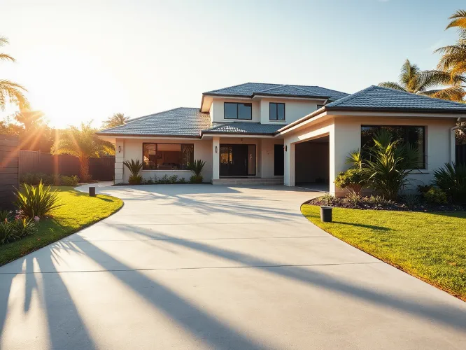 Modern concrete driveway with a beautiful home on the Sunshine Coast